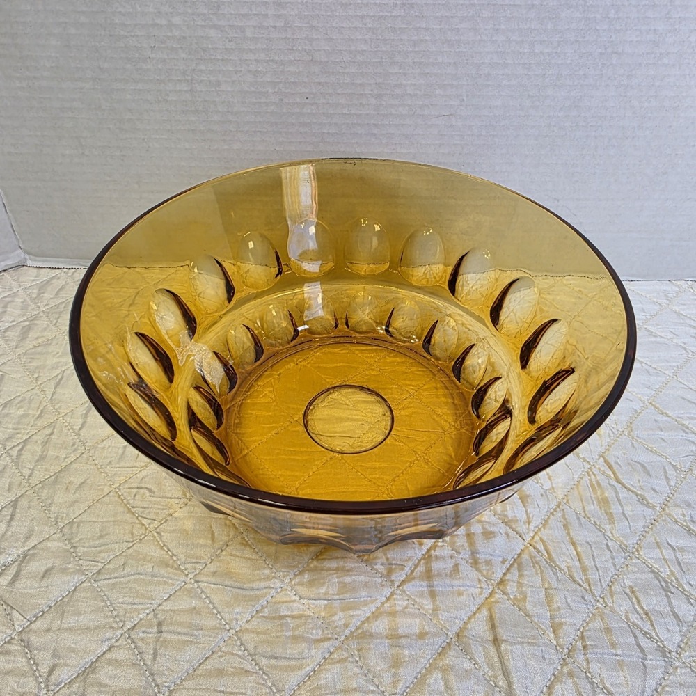 Vtg Indianaโ Kings Thumbprint Amber Glass Large Serving Salad Bowl